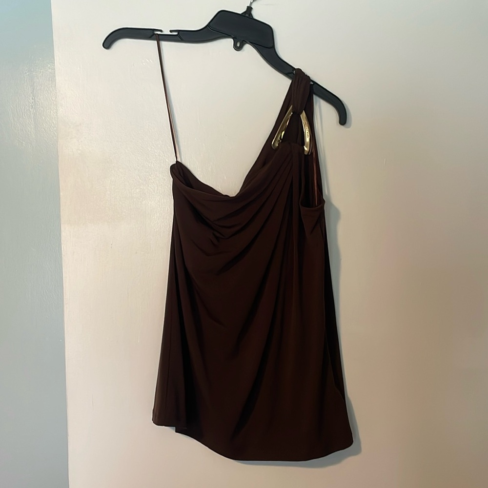 Michael Kors Chocolate Brown One-Shoulder Draped Tank with Gold Accent